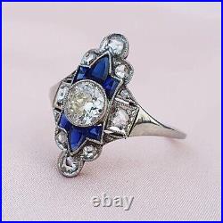 Vintage Antique 4Ct Art Deco Lab Created Diamond & Blue Sapphire Engagement Ring
