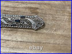 Vintage Antique Art Deco Filigree Pin / Brooch with Clear & Blue Stones