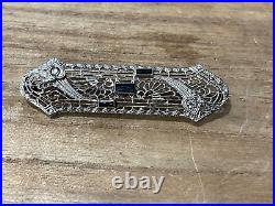 Vintage Antique Art Deco Filigree Pin / Brooch with Clear & Blue Stones