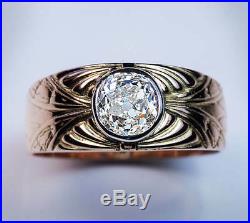 Vintage Art Deco 1.28 Ct Diamond Carved Gold Mens Ring