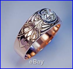 Vintage Art Deco 1.28 Ct Diamond Carved Gold Mens Ring