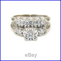 Vintage Art Deco 14K White Gold 1/2 ct Natural Diamond Wedding Ring Set Size 8.5
