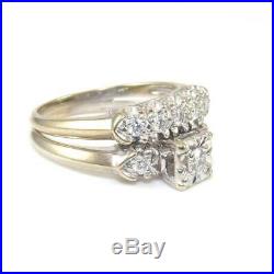 Vintage Art Deco 14K White Gold 1/2 ct Natural Diamond Wedding Ring Set Size 8.5