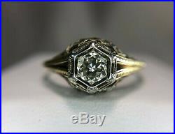 Vintage Art Deco 14k White Gold Old European Diamond Filigree Engagement Ring