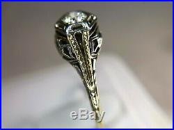 Vintage Art Deco 14k White Gold Old European Diamond Filigree Engagement Ring