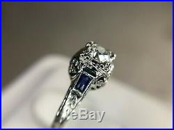 Vintage Art Deco 14k White Gold Old European Diamond Sapphire Engagement Ring