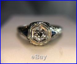 Vintage Art Deco 18k White Gold Old European Diamond Sapphire Filigree Ring