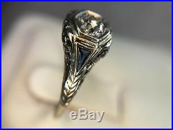 Vintage Art Deco 18k White Gold Old European Diamond Sapphire Filigree Ring