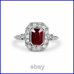 Vintage Art Deco 2.10CT Red Ruby Emerald Cut CZ Wedding Argentium Silver Ring