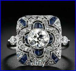 Vintage Art Deco 2.5 Ct Round Diamond Sapphire Engagement 14k White Gold FN Ring