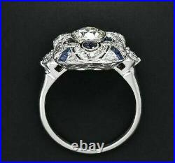Vintage Art Deco 2.5 Ct Round Diamond Sapphire Engagement 14k White Gold FN Ring