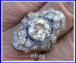 Vintage Art Deco 2.50 CT Round Diamond & Sapphire Wedding 14K white Gold FN Ring