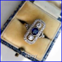 Vintage Art Deco 2.50 Ct Blue Sapphire Simulated Two Tone Engagement Ring