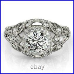 Vintage Art Deco 2.56 Ct White Diamond Halo Engagement 14K White Gold FN Ring
