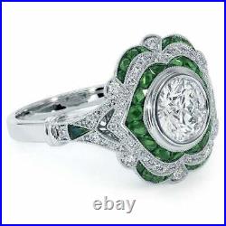 Vintage Art Deco 2.5Ct Green Emerald & Diamond Engagement 14K White Gold FN Ring