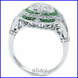 Vintage Art Deco 2.5Ct Green Emerald & Diamond Engagement 14K White Gold FN Ring