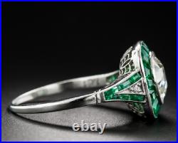 Vintage Art Deco 2.8Ct Round Green Emerald Engagement 14K White Gold Finish Ring