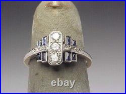 Vintage Art Deco 2 CT Diamond & Sapphire Engagement Three-Stone 14k Gold FN Ring