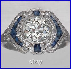 Vintage Art Deco 2 Ct Blue Sapphire & Diamond Wedding 14K White Gold Finish Ring
