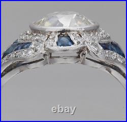 Vintage Art Deco 2 Ct Blue Sapphire & Diamond Wedding 14K White Gold Finish Ring