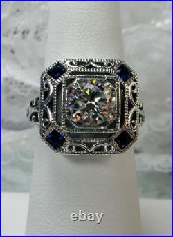 Vintage Art Deco 2 Ct Round Lab Created Diamond Engagement Ring 14K White Gold