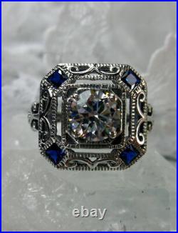 Vintage Art Deco 2 Ct Round Lab Created Diamond Engagement Ring 14K White Gold