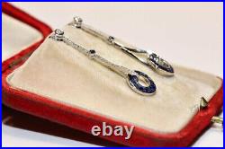 Vintage Art Deco 2Ct Princess Simulated Sapphire Earring 14K White Gold Plated
