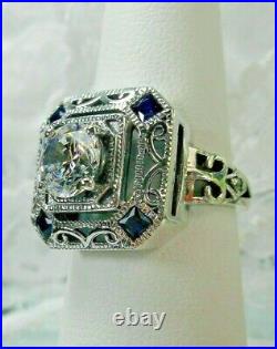 Vintage Art Deco 2Ct Round Moissanite Engagement Ring 14K White Gold Plated