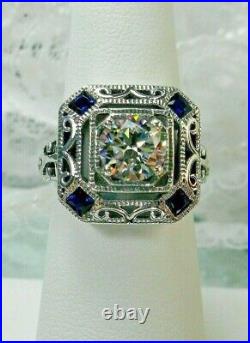 Vintage Art Deco 2Ct Round Moissanite Engagement Ring 14K White Gold Plated