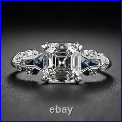Vintage Art Deco 3.00Ct Asccher Diamond Lab Created Ring 14K White Gold Plated