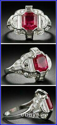 Vintage Art Deco 3.20 ct Lab-Created Red Ruby & Diamond Antique Engagement Ring