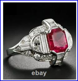 Vintage Art Deco 3.20 ct Lab-Created Red Ruby & Diamond Antique Engagement Ring