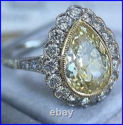 Vintage Art Deco 3.20 ct Pear Cut Canary Diamond Antique Engagement Ring Silver
