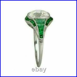 Vintage Art Deco 3.50Ct Oval Cut Diamond & Green Emerald 14K White Gold FN Ring