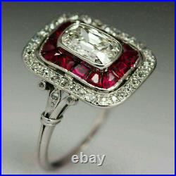 Vintage Art Deco 3.68 Ct Diamond & Ruby Engagement Ring 14K White Gold Over