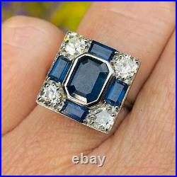 Vintage Art Deco 3. CT Blue Sapphire & 0.40 CT Diamond Engagement 925 Silver Ring