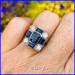 Vintage Art Deco 3. CT Blue Sapphire & 0.40 CT Diamond Engagement 925 Silver Ring