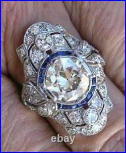 Vintage Art Deco 3 CT Diamond Sapphire Antique Engagement 14k White Gold FN Ring