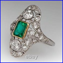 Vintage Art Deco 3 CT Emerald & Three-Stone Lab-Created Diamond Engagement Ring