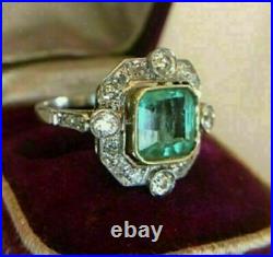 Vintage Art Deco 3Ct Asscher Green Emerald Engagement Ring 14K White Gold Over