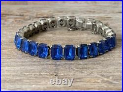 Vintage Art Deco 935 Silver Emerald Cut Blue Sapphire Women's Beautiful Bracelet