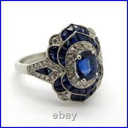 Vintage Art Deco Blue Sapphire 1.2Ct Oval Cut CZ Wedding Bridal Ring 925 Silver