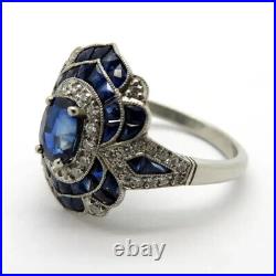 Vintage Art Deco Blue Sapphire 1.2Ct Oval Cut CZ Wedding Bridal Ring 925 Silver