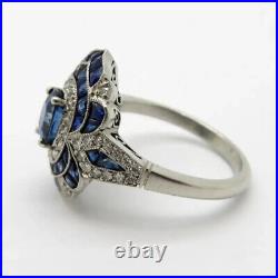 Vintage Art Deco Blue Sapphire 1.2Ct Oval Cut CZ Wedding Bridal Ring 925 Silver