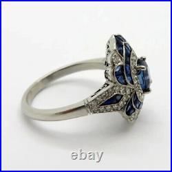 Vintage Art Deco Blue Sapphire 1.2Ct Oval Cut CZ Wedding Bridal Ring 925 Silver