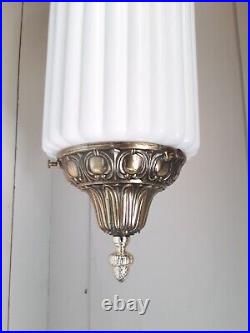 Vintage Art Deco Brass White Ceramic Skyscraper Column Hanging Ceiling Lamp