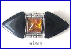 Vintage Art Deco Brooch Signed EG Onyx Amber Handmade 24g