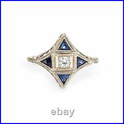 Vintage Art Deco Diamond Sapphire Ring Star Point 18k White Gold Antique Jewelry