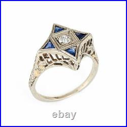 Vintage Art Deco Diamond Sapphire Ring Star Point 18k White Gold Antique Jewelry