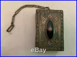 Vintage Art Deco Enamel Silverplate Compact With Wrist Chain